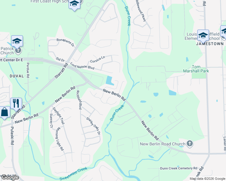 map of restaurants, bars, coffee shops, grocery stores, and more near 12791 Dunns View Drive in Jacksonville
