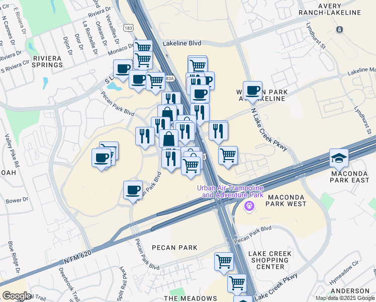map of restaurants, bars, coffee shops, grocery stores, and more near 11013 Lakeline Mall Drive in Cedar Park