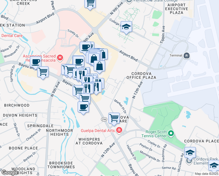 map of restaurants, bars, coffee shops, grocery stores, and more near 5051 Grande Drive in Pensacola