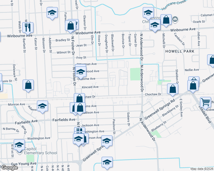 map of restaurants, bars, coffee shops, grocery stores, and more near 2605 Dougherty Drive in Baton Rouge
