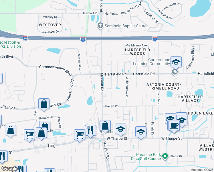 map of restaurants, bars, coffee shops, grocery stores, and more near 2262 Del Carmel Way in Tallahassee