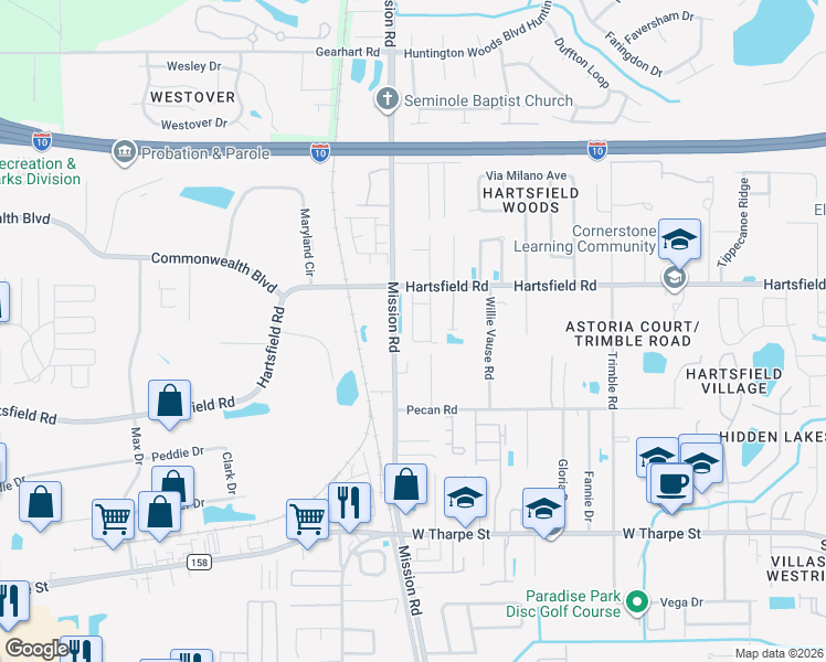 map of restaurants, bars, coffee shops, grocery stores, and more near 2262 Del Carmel Way in Tallahassee