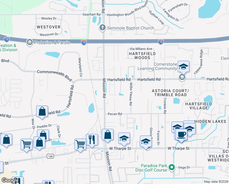 map of restaurants, bars, coffee shops, grocery stores, and more near 2262 Del Carmel Way in Tallahassee