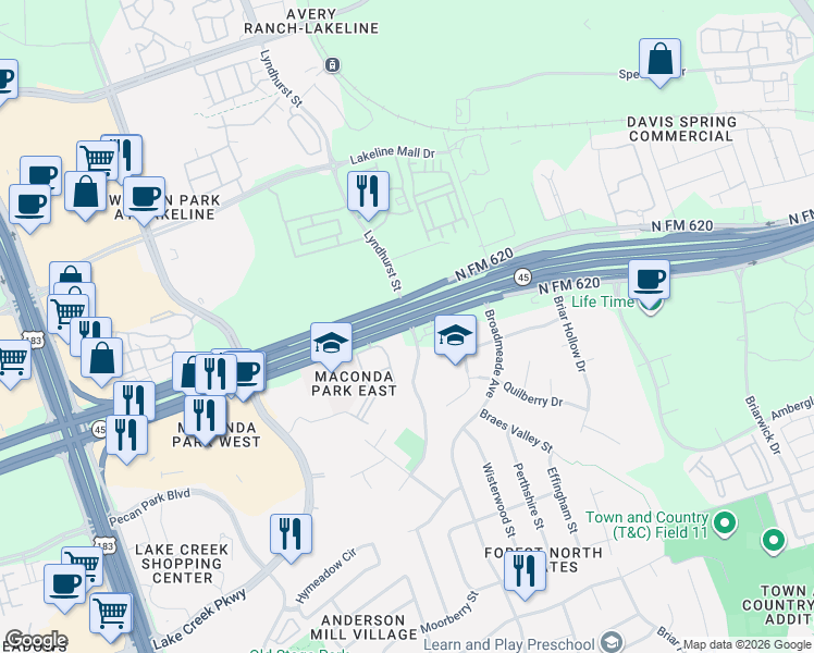 map of restaurants, bars, coffee shops, grocery stores, and more near 13505 B Ranch Road 620 North in Austin