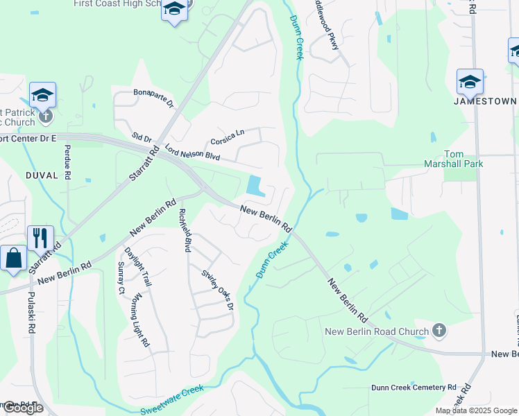 map of restaurants, bars, coffee shops, grocery stores, and more near 12783 Dunns View Drive in Jacksonville