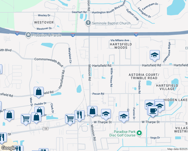 map of restaurants, bars, coffee shops, grocery stores, and more near 2262 Del Carmel Way in Tallahassee