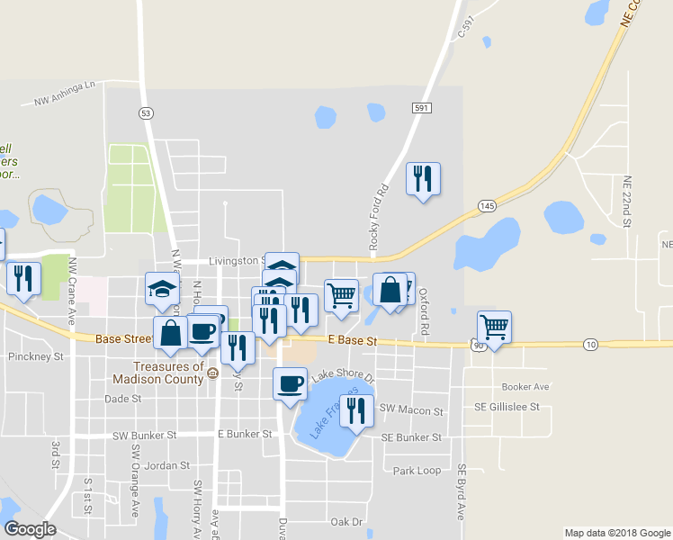 map of restaurants, bars, coffee shops, grocery stores, and more near 554 Northeast Colin Kelly Highway in Madison