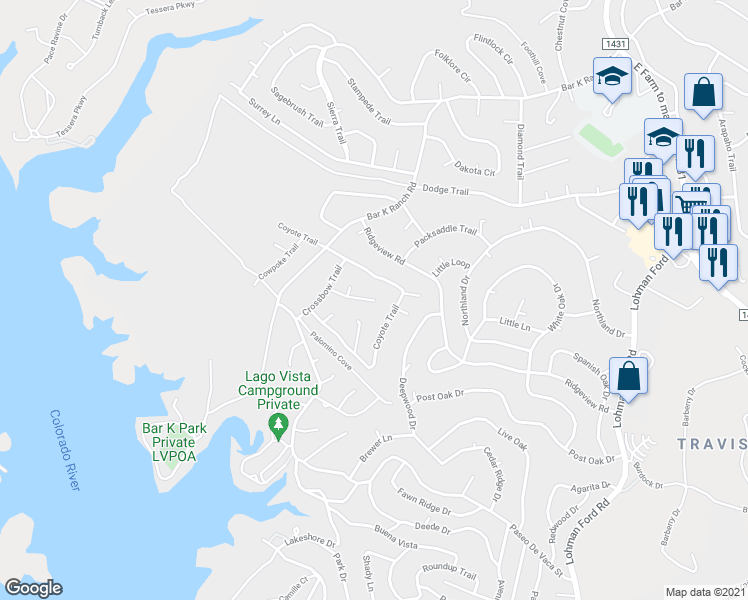 map of restaurants, bars, coffee shops, grocery stores, and more near 21302 Choctaw Cove in Lago Vista