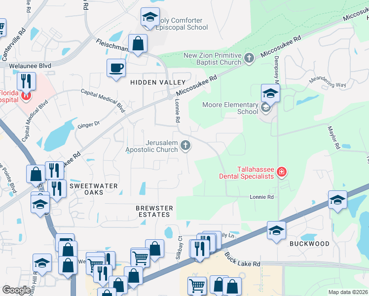 map of restaurants, bars, coffee shops, grocery stores, and more near 1625 Clifford Hill Road in Tallahassee