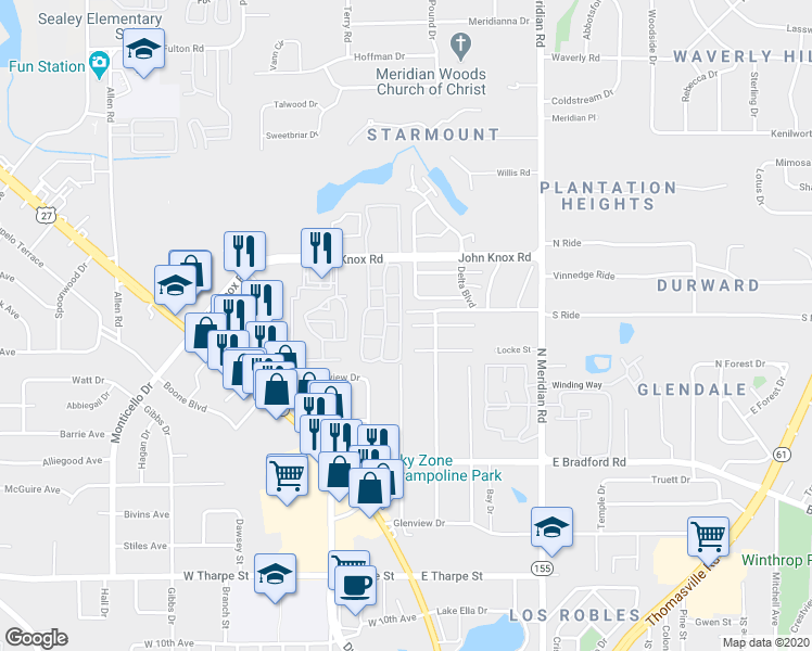 map of restaurants, bars, coffee shops, grocery stores, and more near 254 North Villas Court in Tallahassee