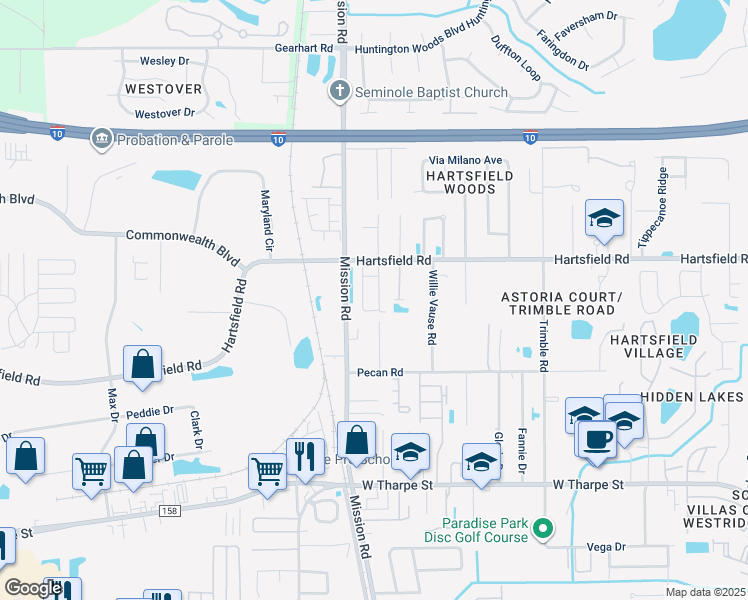 map of restaurants, bars, coffee shops, grocery stores, and more near 2262 Del Carmel Way in Tallahassee