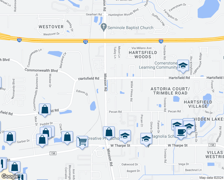 map of restaurants, bars, coffee shops, grocery stores, and more near 2262 Del Carmel Way in Tallahassee