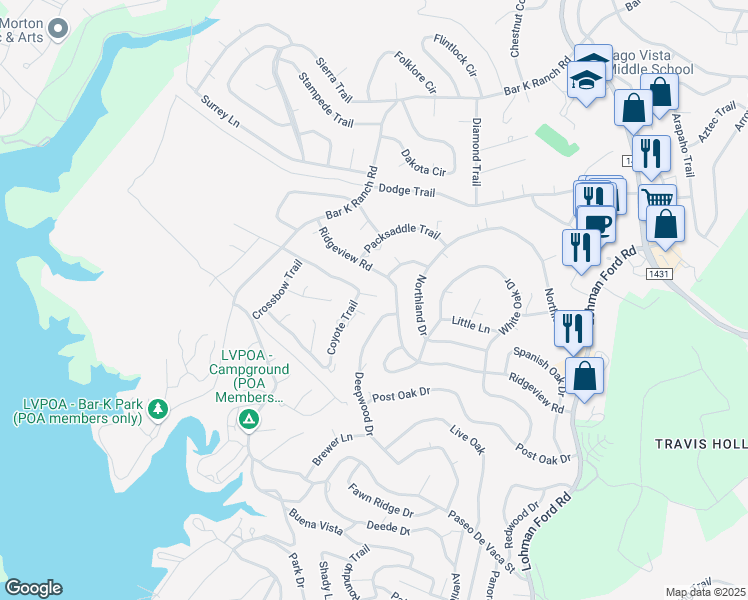 map of restaurants, bars, coffee shops, grocery stores, and more near 21475 Coyote Trail in Lago Vista