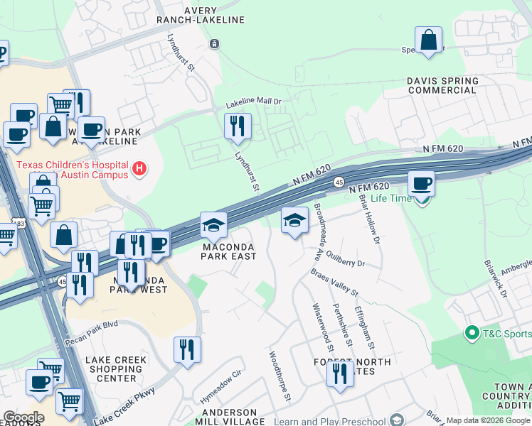 map of restaurants, bars, coffee shops, grocery stores, and more near 13507 Lyndhurst Street in Austin