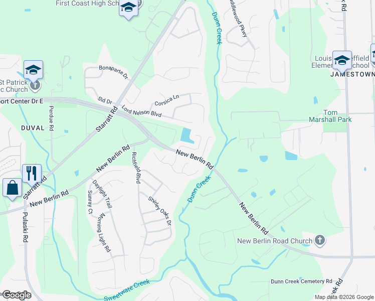 map of restaurants, bars, coffee shops, grocery stores, and more near 12775 Dunns View Drive in Jacksonville