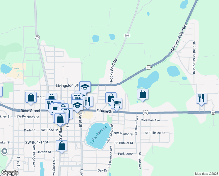map of restaurants, bars, coffee shops, grocery stores, and more near 624 Northeast Colin Kelly Highway in Madison