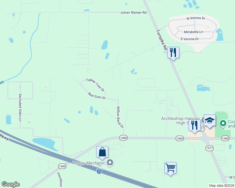 map of restaurants, bars, coffee shops, grocery stores, and more near 108 Willow Bend Drive in Madisonville