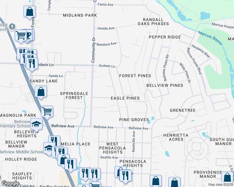 map of restaurants, bars, coffee shops, grocery stores, and more near 6512 Dallas Avenue in Pensacola