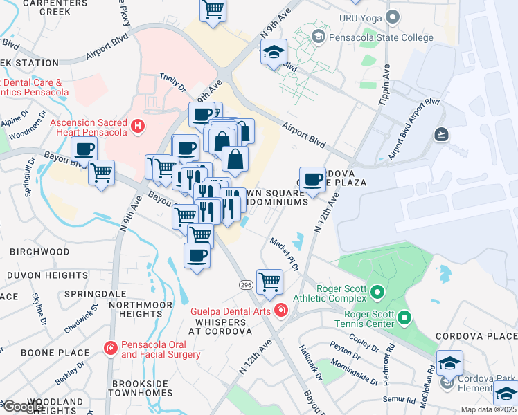 map of restaurants, bars, coffee shops, grocery stores, and more near 5051 Grande Drive in Pensacola