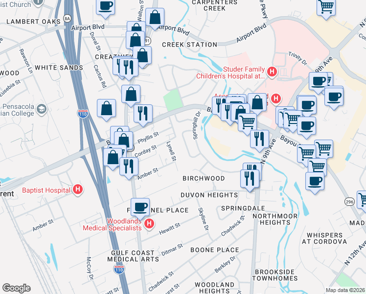 map of restaurants, bars, coffee shops, grocery stores, and more near 5111 Crestwood Road in Pensacola