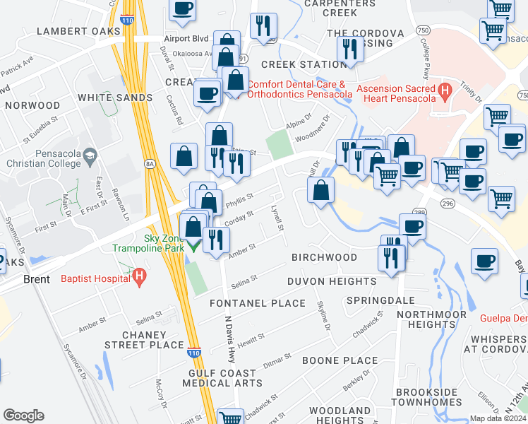 map of restaurants, bars, coffee shops, grocery stores, and more near 533 Corday Street in Pensacola