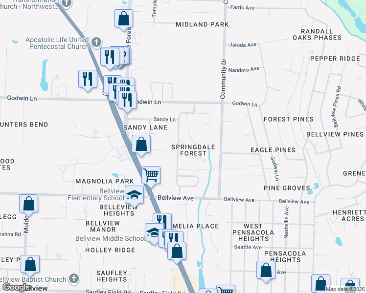 map of restaurants, bars, coffee shops, grocery stores, and more near 1515 Galvin Avenue in Pensacola
