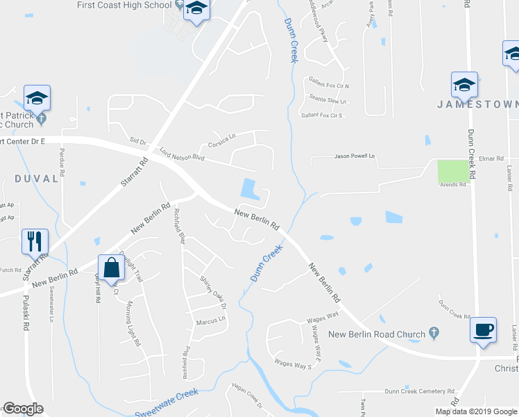 map of restaurants, bars, coffee shops, grocery stores, and more near 12806 Dunns View Drive in Jacksonville