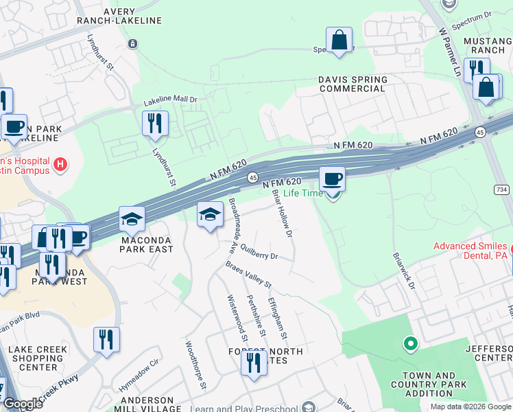 map of restaurants, bars, coffee shops, grocery stores, and more near 9802 Queensland Drive in Austin