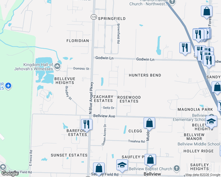 map of restaurants, bars, coffee shops, grocery stores, and more near 5172 Zachary Boulevard in Pensacola