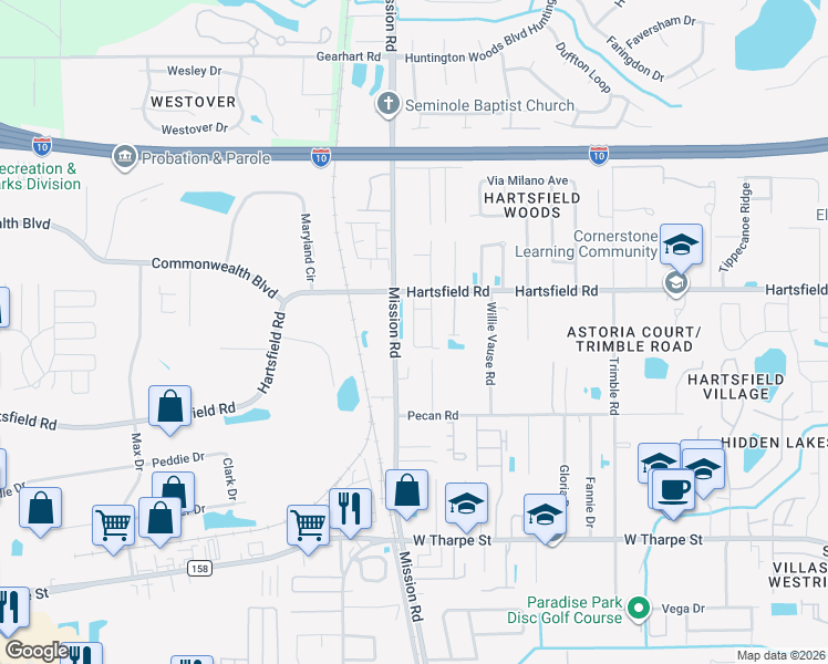 map of restaurants, bars, coffee shops, grocery stores, and more near 2262 Del Carmel Way in Tallahassee