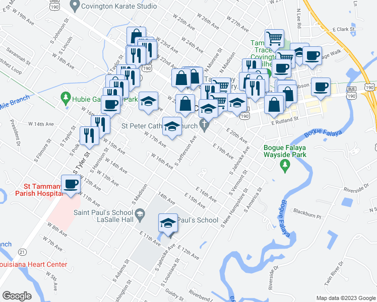 map of restaurants, bars, coffee shops, grocery stores, and more near 402 South Jefferson Avenue in Covington