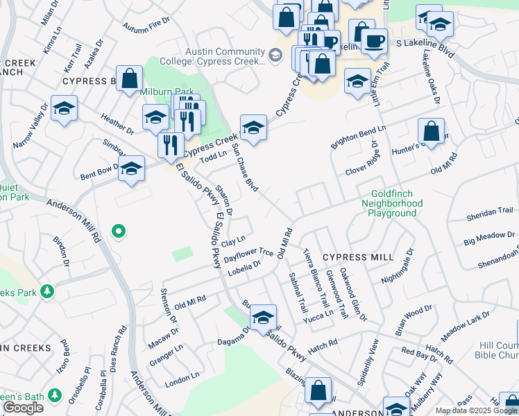 map of restaurants, bars, coffee shops, grocery stores, and more near 1704 Courtney Lane in Cedar Park