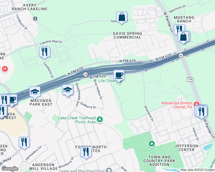 map of restaurants, bars, coffee shops, grocery stores, and more near 9601 Amberglen Boulevard in Austin