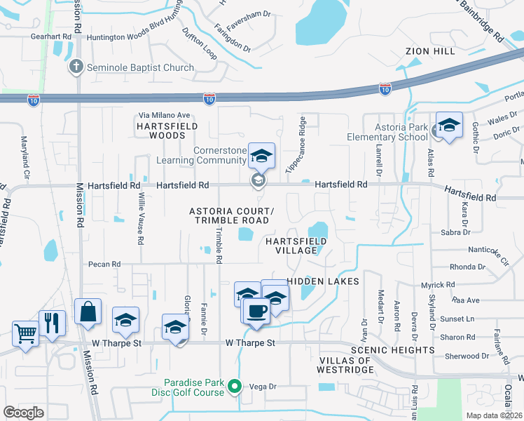 map of restaurants, bars, coffee shops, grocery stores, and more near 2525 Hartsfield Road in Tallahassee