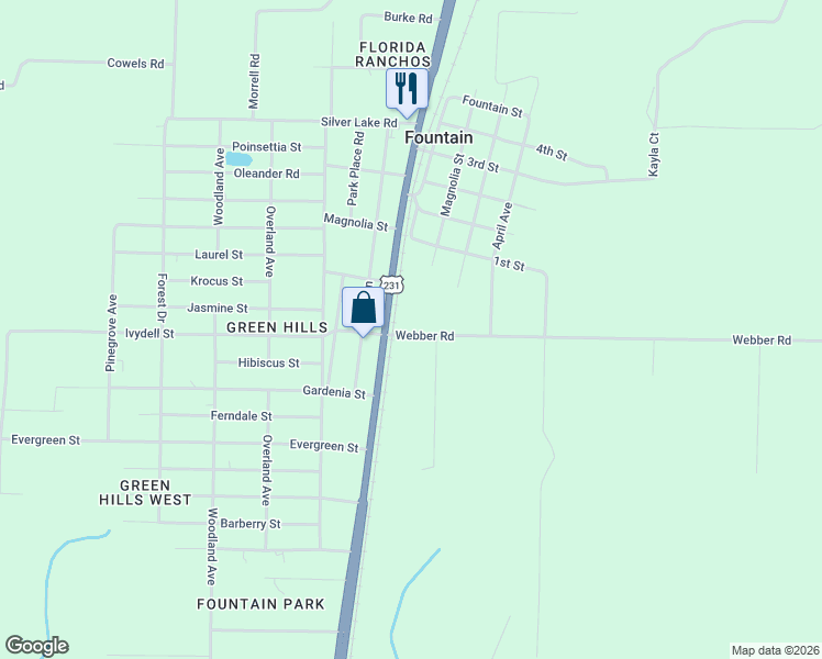 map of restaurants, bars, coffee shops, grocery stores, and more near 12306 Webber Road in Fountain