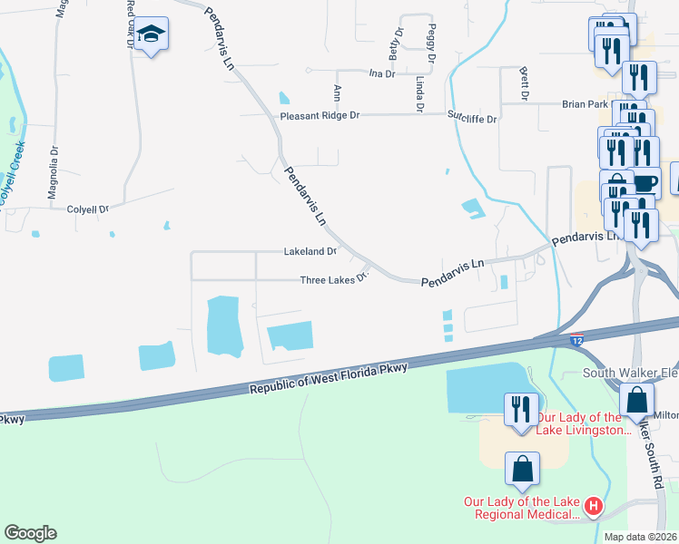 map of restaurants, bars, coffee shops, grocery stores, and more near 12633 3 Lakes Drive in Walker