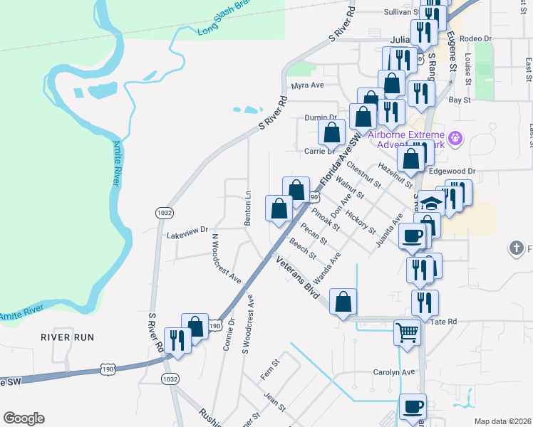 map of restaurants, bars, coffee shops, grocery stores, and more near 1405 Kline Street in Denham Springs