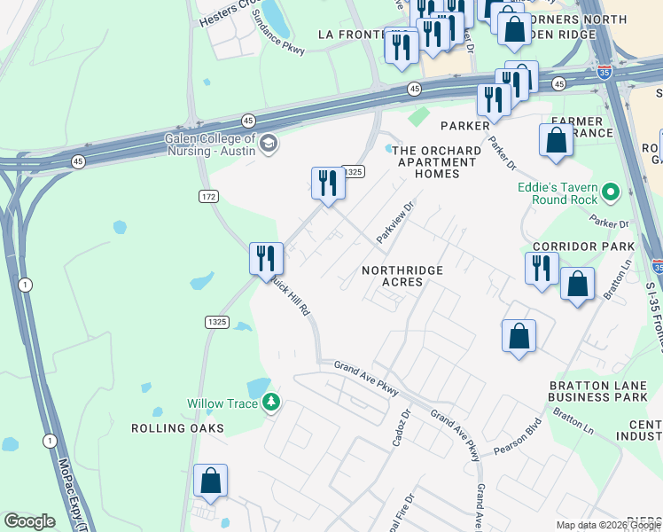 map of restaurants, bars, coffee shops, grocery stores, and more near 16206 Hillside Drive in Austin