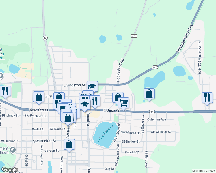 map of restaurants, bars, coffee shops, grocery stores, and more near 554 Northeast Colin Kelly Highway in Madison