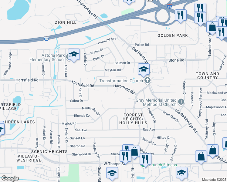 map of restaurants, bars, coffee shops, grocery stores, and more near 2320 Aljonias Place in Tallahassee