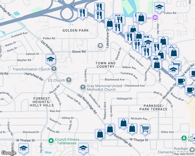 map of restaurants, bars, coffee shops, grocery stores, and more near 2226 Tanglewood Terrace in Tallahassee