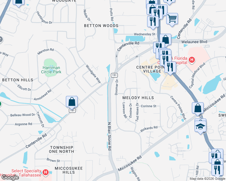 map of restaurants, bars, coffee shops, grocery stores, and more near 2039 Doomar Drive in Tallahassee