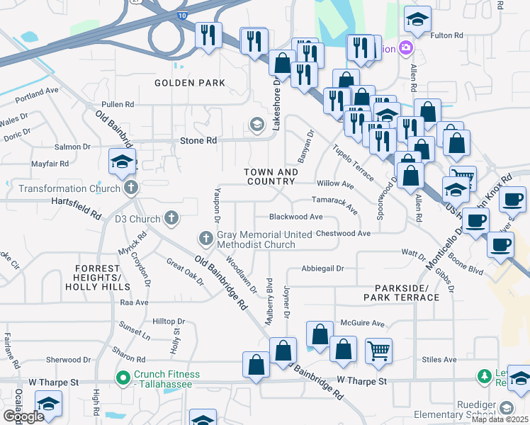 map of restaurants, bars, coffee shops, grocery stores, and more near 928 Blackwood Avenue in Tallahassee