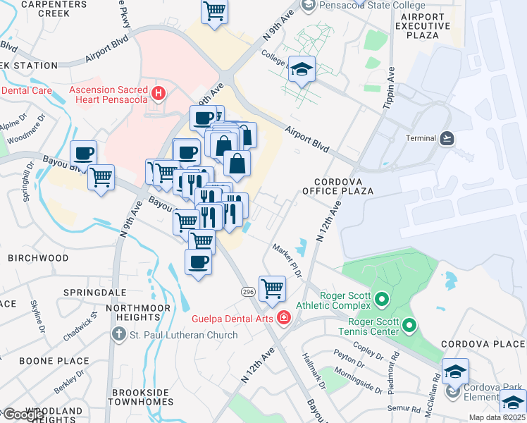 map of restaurants, bars, coffee shops, grocery stores, and more near 5051 Grande Drive in Pensacola