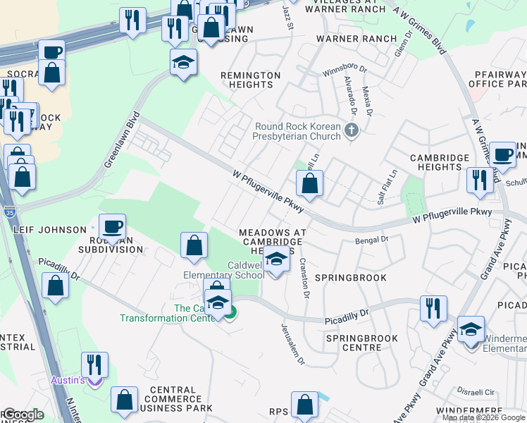 map of restaurants, bars, coffee shops, grocery stores, and more near 17200 Zola Lane in Round Rock