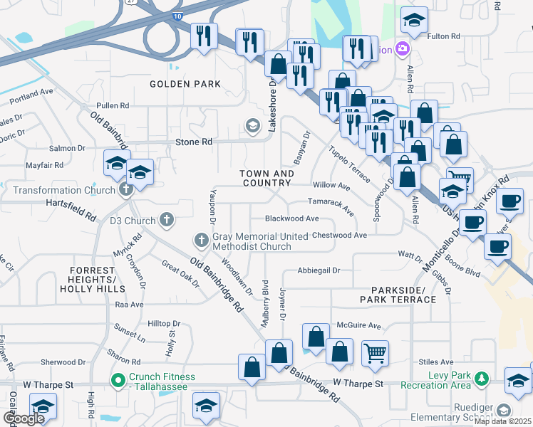 map of restaurants, bars, coffee shops, grocery stores, and more near 928 Blackwood Ave in Tallahassee