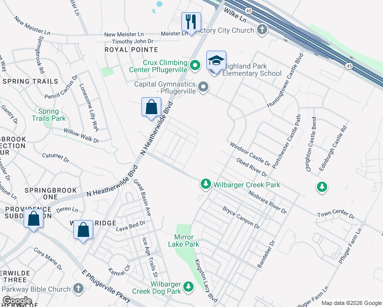 map of restaurants, bars, coffee shops, grocery stores, and more near Catoctin Drive in Pflugerville