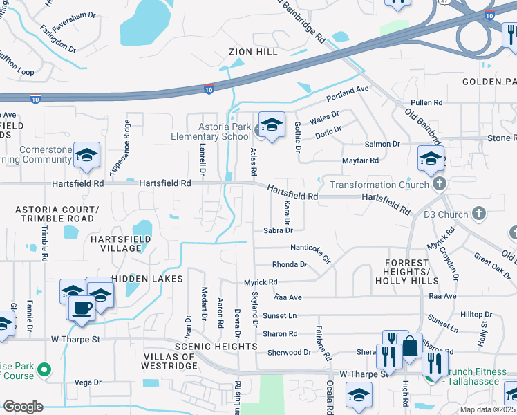 map of restaurants, bars, coffee shops, grocery stores, and more near 2335 Skyland Drive in Tallahassee