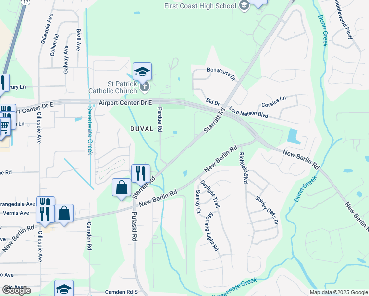 map of restaurants, bars, coffee shops, grocery stores, and more near 567 Starratt Road in Jacksonville
