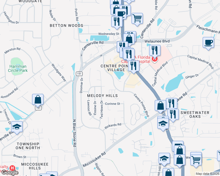 map of restaurants, bars, coffee shops, grocery stores, and more near 1909 Mallory Square in Tallahassee
